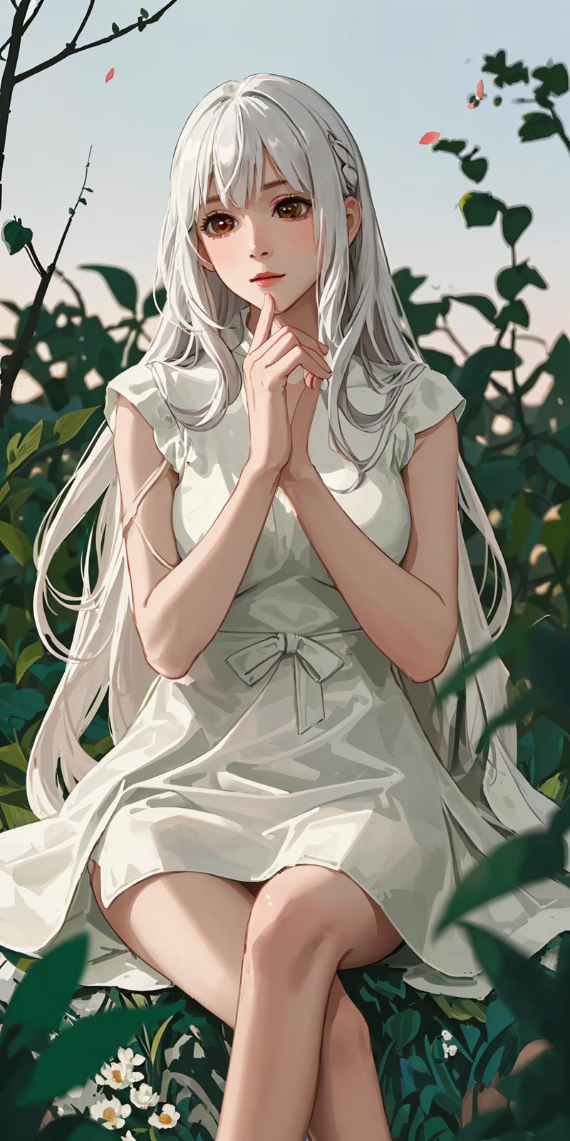 06130-1293666383-(masterpiece, best quality),1girl with long white hair sitting in a field of green plants and flowers, her hand under her chin,.png